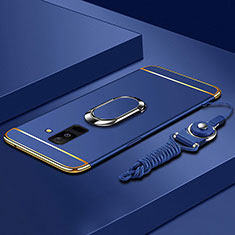 Handyhülle Hülle Luxus Metall Rahmen und Kunststoff Schutzhülle Tasche mit Fingerring Ständer und Lanyard für Samsung Galaxy A6 Plus (2018) Blau