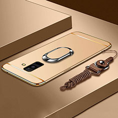 Handyhülle Hülle Luxus Metall Rahmen und Kunststoff Schutzhülle Tasche mit Fingerring Ständer und Lanyard für Samsung Galaxy A6 Plus Gold