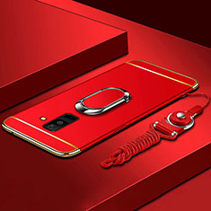 Handyhülle Hülle Luxus Metall Rahmen und Kunststoff Schutzhülle Tasche mit Fingerring Ständer und Lanyard für Samsung Galaxy A6 Plus Rot