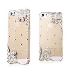 Handyhülle Hülle Luxus Strass Diamant Schutzhülle Blumen für Apple iPhone 5S Weiß
