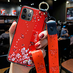 Handyhülle Silikon Hülle Gummi Schutzhülle Flexible Blumen S01 für Apple iPhone 12 Pro Rot