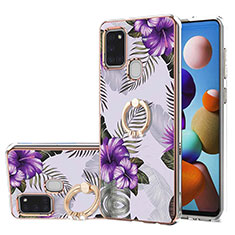 Handyhülle Silikon Hülle Gummi Schutzhülle Flexible Modisch Muster mit Fingerring Ständer Y03B für Samsung Galaxy A21s Violett
