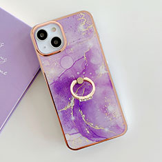 Handyhülle Silikon Hülle Gummi Schutzhülle Flexible Modisch Muster mit Fingerring Ständer Y05B für Apple iPhone 15 Plus Violett