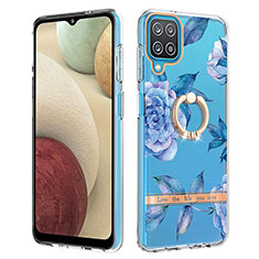 Handyhülle Silikon Hülle Gummi Schutzhülle Flexible Modisch Muster mit Fingerring Ständer Y06B für Samsung Galaxy A12 Blau