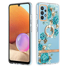 Handyhülle Silikon Hülle Gummi Schutzhülle Flexible Modisch Muster mit Fingerring Ständer Y06B für Samsung Galaxy M32 5G Cyan