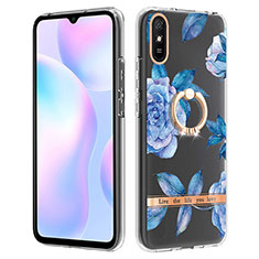 Handyhülle Silikon Hülle Gummi Schutzhülle Flexible Modisch Muster mit Fingerring Ständer Y06B für Xiaomi Redmi 9A Blau