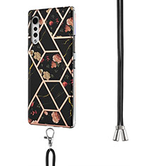 Handyhülle Silikon Hülle Gummi Schutzhülle Flexible Modisch Muster mit Schlüsselband Lanyard Y01B für LG Velvet 5G Schwarz