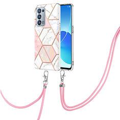 Handyhülle Silikon Hülle Gummi Schutzhülle Flexible Modisch Muster mit Schlüsselband Lanyard Y01B für Oppo Reno6 Pro 5G Rosa