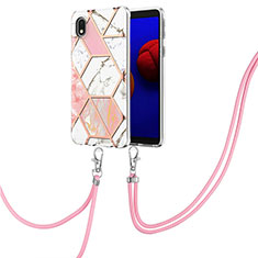 Handyhülle Silikon Hülle Gummi Schutzhülle Flexible Modisch Muster mit Schlüsselband Lanyard Y01B für Samsung Galaxy A01 Core Rosa