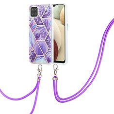Handyhülle Silikon Hülle Gummi Schutzhülle Flexible Modisch Muster mit Schlüsselband Lanyard Y01B für Samsung Galaxy A12 5G Violett