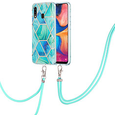 Handyhülle Silikon Hülle Gummi Schutzhülle Flexible Modisch Muster mit Schlüsselband Lanyard Y01B für Samsung Galaxy A20 Grün