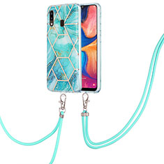 Handyhülle Silikon Hülle Gummi Schutzhülle Flexible Modisch Muster mit Schlüsselband Lanyard Y01B für Samsung Galaxy A20 Minzgrün