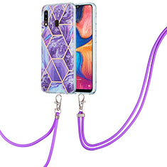 Handyhülle Silikon Hülle Gummi Schutzhülle Flexible Modisch Muster mit Schlüsselband Lanyard Y01B für Samsung Galaxy A20 Violett
