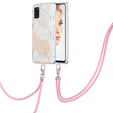 Handyhülle Silikon Hülle Gummi Schutzhülle Flexible Modisch Muster mit Schlüsselband Lanyard Y01B für Samsung Galaxy A21s Rosa