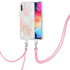 Handyhülle Silikon Hülle Gummi Schutzhülle Flexible Modisch Muster mit Schlüsselband Lanyard Y01B für Samsung Galaxy A30S Rosa