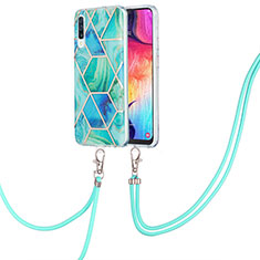 Handyhülle Silikon Hülle Gummi Schutzhülle Flexible Modisch Muster mit Schlüsselband Lanyard Y01B für Samsung Galaxy A50 Grün