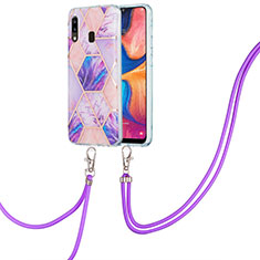 Handyhülle Silikon Hülle Gummi Schutzhülle Flexible Modisch Muster mit Schlüsselband Lanyard Y01B für Samsung Galaxy M10S Helles Lila