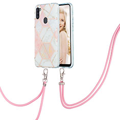 Handyhülle Silikon Hülle Gummi Schutzhülle Flexible Modisch Muster mit Schlüsselband Lanyard Y01B für Samsung Galaxy M11 Rosa