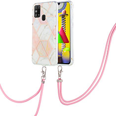 Handyhülle Silikon Hülle Gummi Schutzhülle Flexible Modisch Muster mit Schlüsselband Lanyard Y01B für Samsung Galaxy M21s Rosa