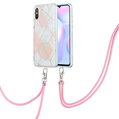 Handyhülle Silikon Hülle Gummi Schutzhülle Flexible Modisch Muster mit Schlüsselband Lanyard Y01B für Xiaomi Redmi 9A Rosa