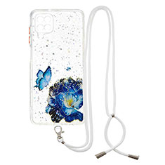 Handyhülle Silikon Hülle Gummi Schutzhülle Flexible Modisch Muster mit Schlüsselband Lanyard Y01X für Samsung Galaxy A12 Blau