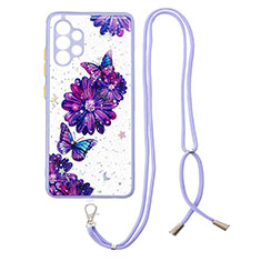 Handyhülle Silikon Hülle Gummi Schutzhülle Flexible Modisch Muster mit Schlüsselband Lanyard Y01X für Samsung Galaxy A32 4G Violett