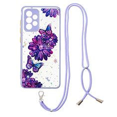 Handyhülle Silikon Hülle Gummi Schutzhülle Flexible Modisch Muster mit Schlüsselband Lanyard Y01X für Samsung Galaxy A52 4G Violett