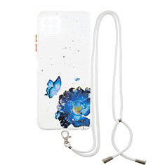Handyhülle Silikon Hülle Gummi Schutzhülle Flexible Modisch Muster mit Schlüsselband Lanyard Y01X für Samsung Galaxy F42 5G Blau