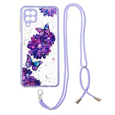 Handyhülle Silikon Hülle Gummi Schutzhülle Flexible Modisch Muster mit Schlüsselband Lanyard Y01X für Samsung Galaxy M12 Violett