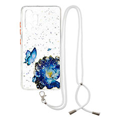 Handyhülle Silikon Hülle Gummi Schutzhülle Flexible Modisch Muster mit Schlüsselband Lanyard Y01X für Samsung Galaxy M32 5G Blau