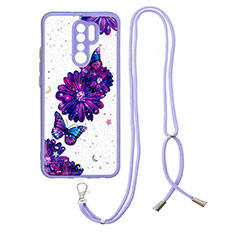 Handyhülle Silikon Hülle Gummi Schutzhülle Flexible Modisch Muster mit Schlüsselband Lanyard Y01X für Xiaomi Poco M2 Violett