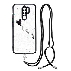Handyhülle Silikon Hülle Gummi Schutzhülle Flexible Modisch Muster mit Schlüsselband Lanyard Y01X für Xiaomi Redmi 9 Prime India Schwarz