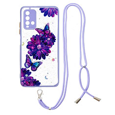Handyhülle Silikon Hülle Gummi Schutzhülle Flexible Modisch Muster mit Schlüsselband Lanyard Y01X für Xiaomi Redmi 9T 4G Violett