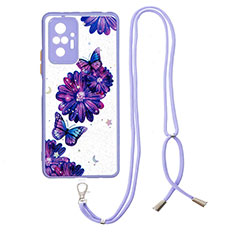 Handyhülle Silikon Hülle Gummi Schutzhülle Flexible Modisch Muster mit Schlüsselband Lanyard Y01X für Xiaomi Redmi Note 10 Pro 4G Violett