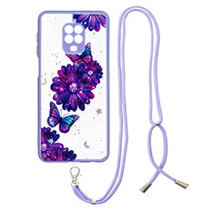 Handyhülle Silikon Hülle Gummi Schutzhülle Flexible Modisch Muster mit Schlüsselband Lanyard Y01X für Xiaomi Redmi Note 9 Pro Violett