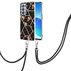 Handyhülle Silikon Hülle Gummi Schutzhülle Flexible Modisch Muster mit Schlüsselband Lanyard Y02B für Oppo Reno6 Pro 5G Schwarz