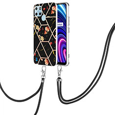 Handyhülle Silikon Hülle Gummi Schutzhülle Flexible Modisch Muster mit Schlüsselband Lanyard Y02B für Realme C21Y Schwarz