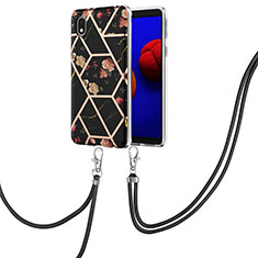 Handyhülle Silikon Hülle Gummi Schutzhülle Flexible Modisch Muster mit Schlüsselband Lanyard Y02B für Samsung Galaxy A01 Core Schwarz