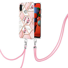 Handyhülle Silikon Hülle Gummi Schutzhülle Flexible Modisch Muster mit Schlüsselband Lanyard Y02B für Samsung Galaxy A11 Rosa