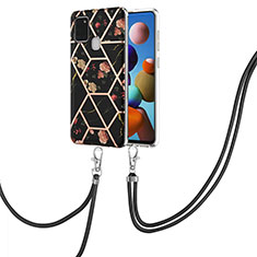 Handyhülle Silikon Hülle Gummi Schutzhülle Flexible Modisch Muster mit Schlüsselband Lanyard Y02B für Samsung Galaxy A21s Schwarz