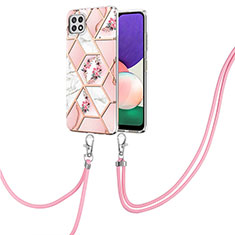 Handyhülle Silikon Hülle Gummi Schutzhülle Flexible Modisch Muster mit Schlüsselband Lanyard Y02B für Samsung Galaxy A22 5G Rosa