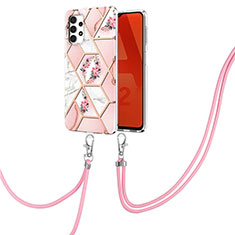Handyhülle Silikon Hülle Gummi Schutzhülle Flexible Modisch Muster mit Schlüsselband Lanyard Y02B für Samsung Galaxy A32 5G Rosa