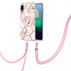 Handyhülle Silikon Hülle Gummi Schutzhülle Flexible Modisch Muster mit Schlüsselband Lanyard Y02B für Samsung Galaxy M02 Rosa