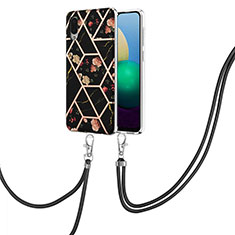 Handyhülle Silikon Hülle Gummi Schutzhülle Flexible Modisch Muster mit Schlüsselband Lanyard Y02B für Samsung Galaxy M02 Schwarz