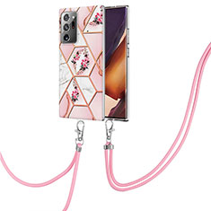 Handyhülle Silikon Hülle Gummi Schutzhülle Flexible Modisch Muster mit Schlüsselband Lanyard Y02B für Samsung Galaxy Note 20 Ultra 5G Rosa