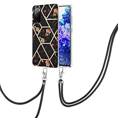 Handyhülle Silikon Hülle Gummi Schutzhülle Flexible Modisch Muster mit Schlüsselband Lanyard Y02B für Samsung Galaxy S20 FE 4G Schwarz