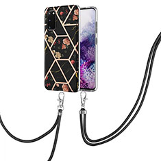 Handyhülle Silikon Hülle Gummi Schutzhülle Flexible Modisch Muster mit Schlüsselband Lanyard Y02B für Samsung Galaxy S20 Schwarz