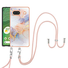 Handyhülle Silikon Hülle Gummi Schutzhülle Flexible Modisch Muster mit Schlüsselband Lanyard Y03B für Google Pixel 7a 5G Helles Lila