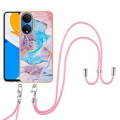 Handyhülle Silikon Hülle Gummi Schutzhülle Flexible Modisch Muster mit Schlüsselband Lanyard Y03B für Huawei Honor X7 Blau