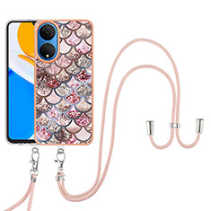 Handyhülle Silikon Hülle Gummi Schutzhülle Flexible Modisch Muster mit Schlüsselband Lanyard Y03B für Huawei Honor X7 Braun